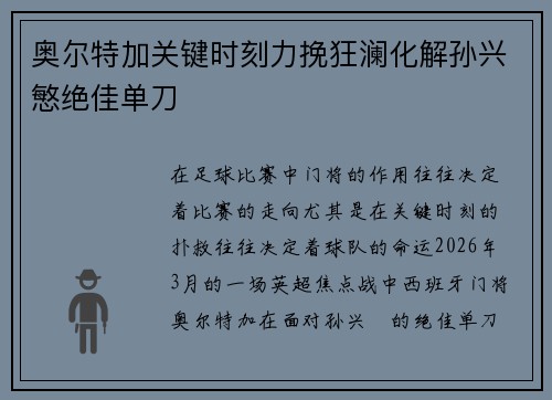 奥尔特加关键时刻力挽狂澜化解孙兴慜绝佳单刀